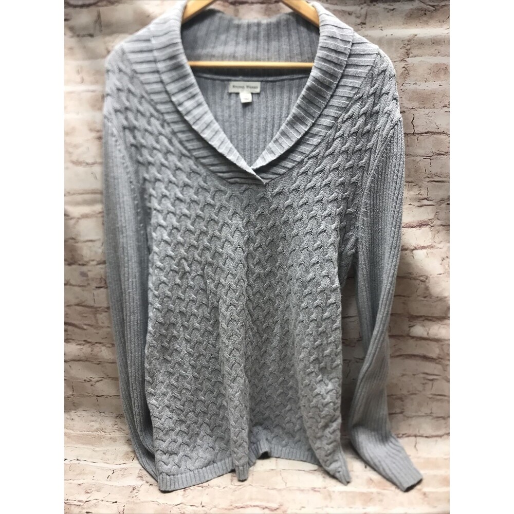 Studio Works Sweater Size XL V Neck Cable Knit Ribbed Sleeves Gray